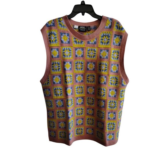 WESC Women's Pink/Yellow Floral Granny Square Crewneck Patchwork Vest XXL - Picture 1 of 7